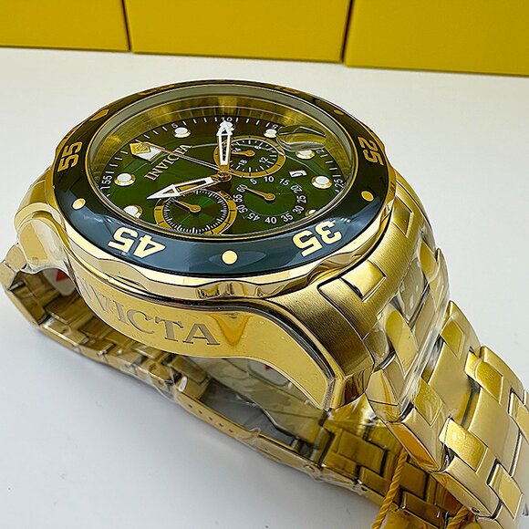 Invicta Men's 48mm PRO DIVER Scuba Chronograph Green Dial 18K Gold Plated Watch - Picture 4 of 8